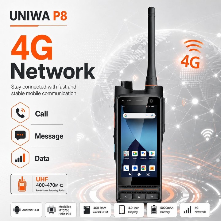 UNIWA P8 UHF Walkie-Talkie Rugged Phone, 4GB+64GB, 4.0 inch Android 14.0 Mediatek MT6762 Octa Core, Network: 4G, OTG, Plug:AU Pl