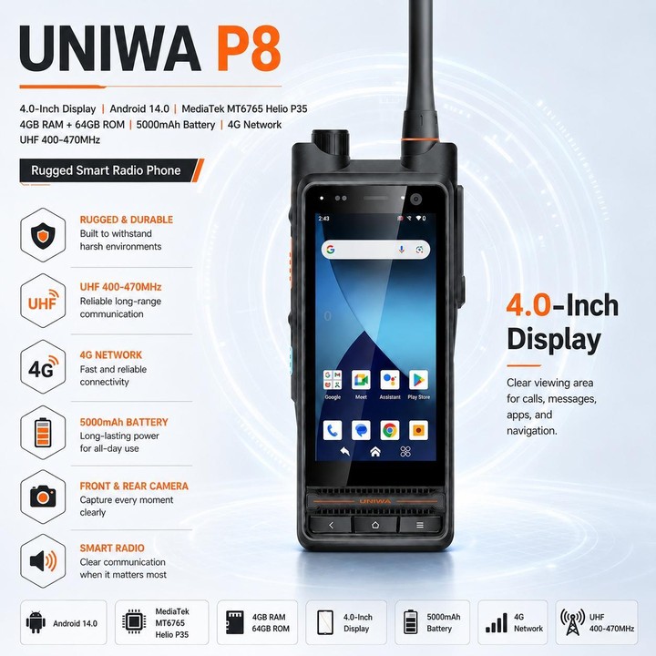 UNIWA P8 UHF Walkie-Talkie Rugged Phone, 4GB+64GB, 4.0 inch Android 14.0 Mediatek MT6762 Octa Core, Network: 4G, OTG, Plug:AU Pl