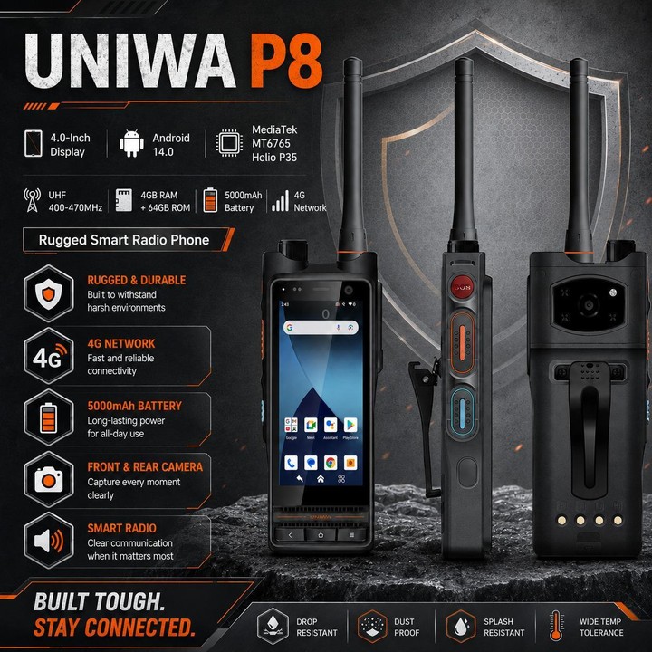 UNIWA P8 UHF Walkie-Talkie Rugged Phone, 4GB+64GB, 4.0 inch Android 14.0 Mediatek MT6762 Octa Core, Network: 4G, OTG, Plug:AU Pl