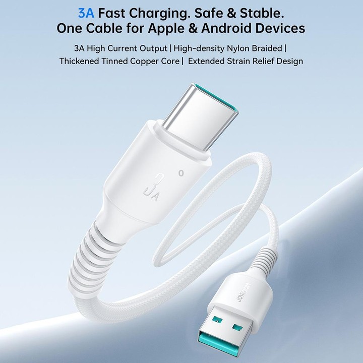 JOYROOM S-A9U Long-Lasting Series USB to Type-C 3A Fast Charging Data Cable, Length: 1m(White)
