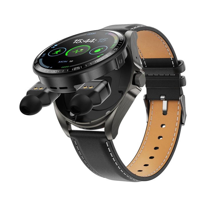 F36 1.46 inch HD Screen 2 in 1 Wireless Earphone Smart Watch, Support Dual-Device Connection(Black+Black PU Leather)