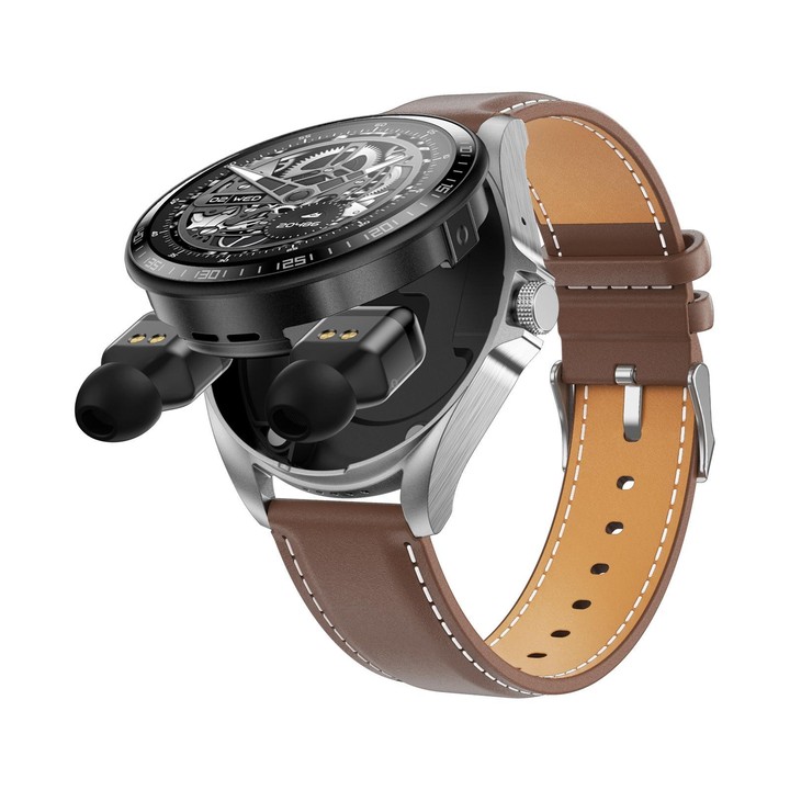 F36 1.46 inch HD Screen 2 in 1 Wireless Earphone Smart Watch, Support Dual-Device Connection(Silver+Brown PU Leather)