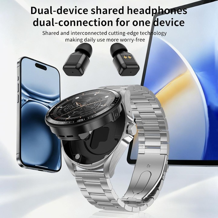 F36 1.46 inch HD Screen 2 in 1 Wireless Earphone Smart Watch, Support Dual-Device Connection(Black+Black Steel)