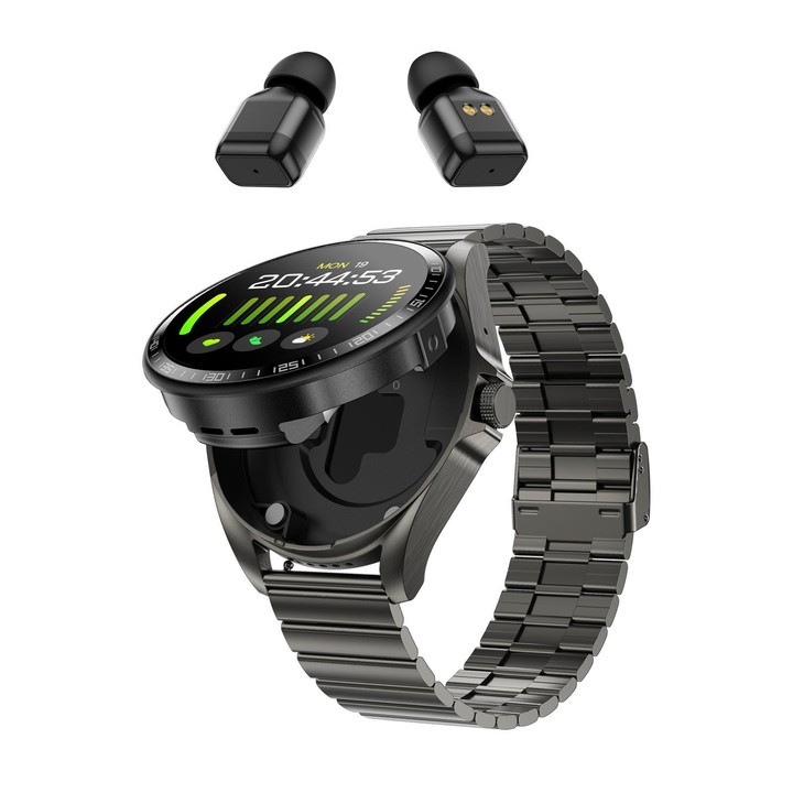 F36 1.46 inch HD Screen 2 in 1 Wireless Earphone Smart Watch, Support Dual-Device Connection(Black+Black Slub Steel)