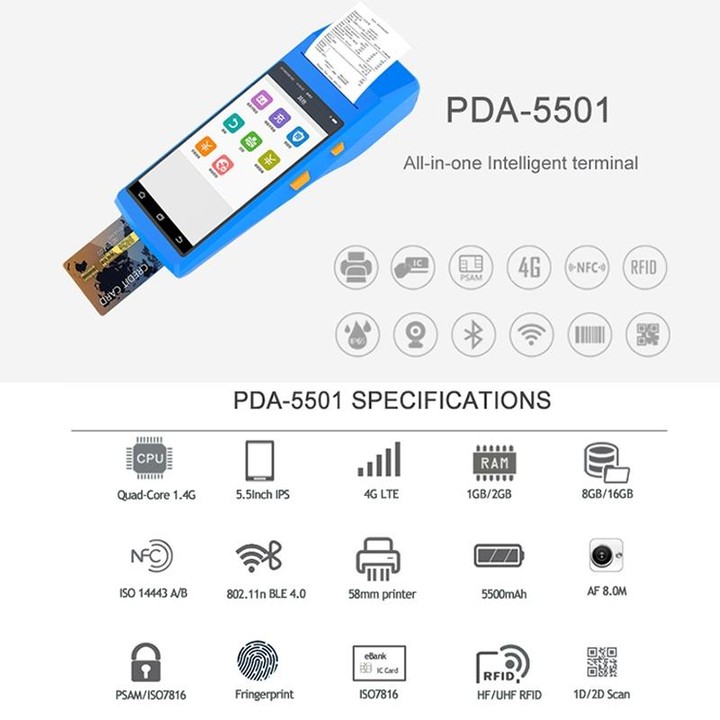 PDA-5501 Multi-function 5.5 inch IPS Screen IP65 Protection All-in-one Intelligent Terminal, Built-in Thermal Line Printer & MIC