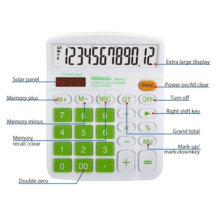 OSALO OS-837VC 12 Digits Colorful Desktop Calculator Solar Energy Dual Power Calculator(Orange)