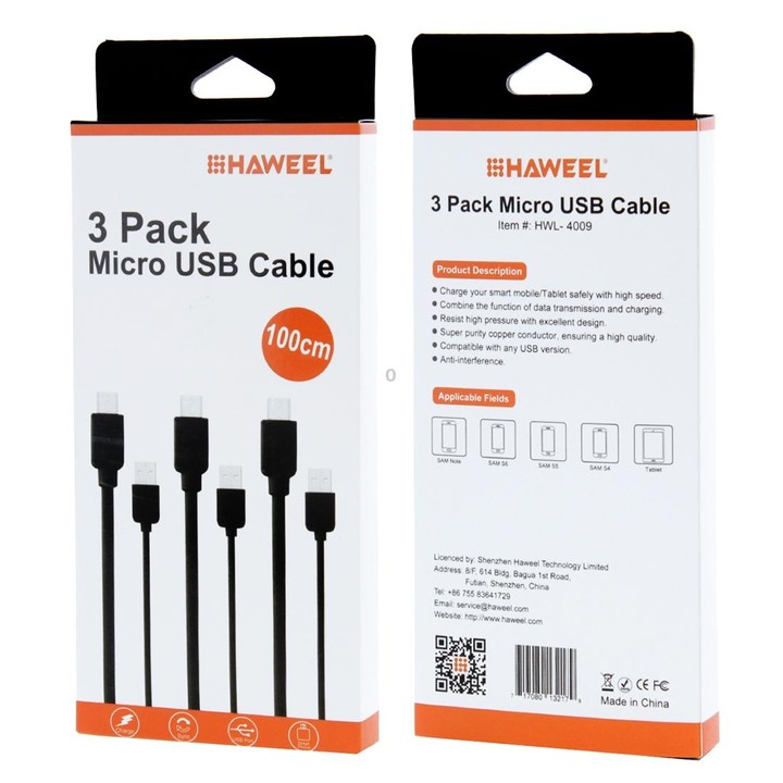 3 PCS HAWEEL 1m High Speed Micro USB to USB Data Sync Charging Cable Kits For Galaxy, Huawei, Xiaomi, LG, HTC and other Smart Ph