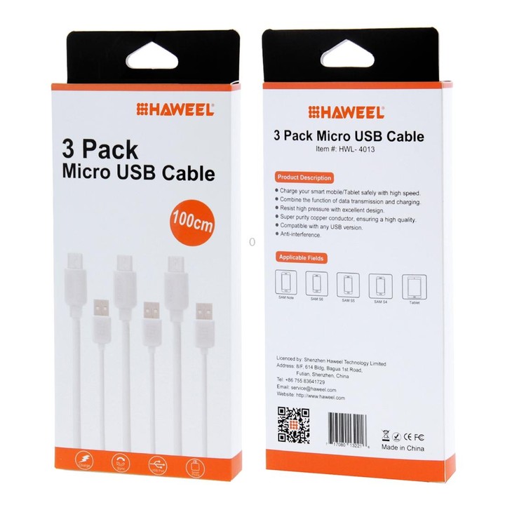 3 PCS HAWEEL 1m High Speed Micro USB to USB Data Sync Charging Cable Kits, For Samsung, Huawei, Xiaomi, LG, HTC and other Smartp
