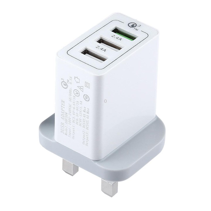 3 USB Ports (3A + 2.4A + 2.4A) Quick Charger QC 3.0 Travel Charger, UK Plug, For iPhone, iPad, Samsung, HTC, Sony, Nokia, LG and