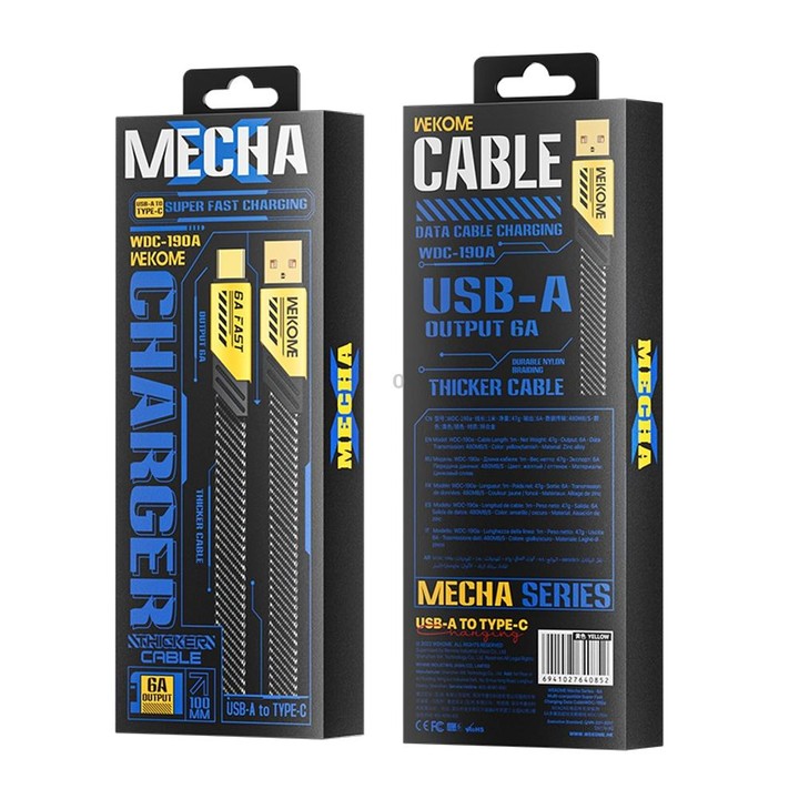 WK WDC-190a Mech Series 6A USB to USB-C/Type-C Fast Charge Data Cable, Length: 1m(Yellow)