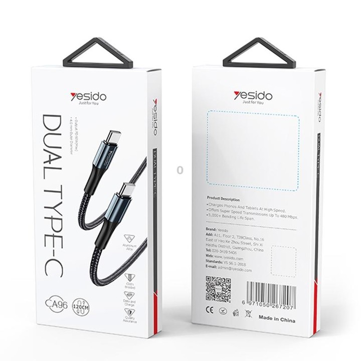 Yesido CA96 3A 66W USB-C / Type-C to USB-C / Type-C Fast Charging Cable, Length: 1.2m