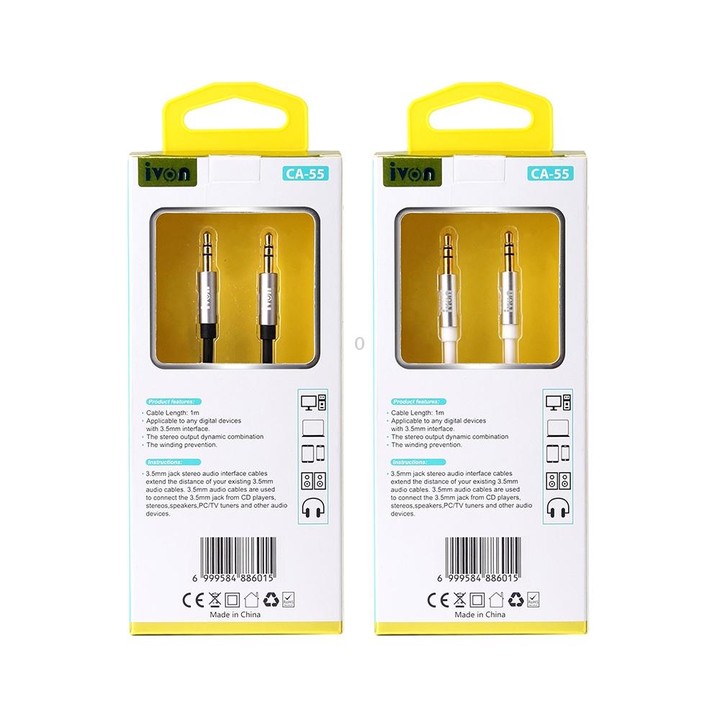 IVON CA55 3.5mm Male to Male AUX Audio Cable, Cable Length: 1m(White)