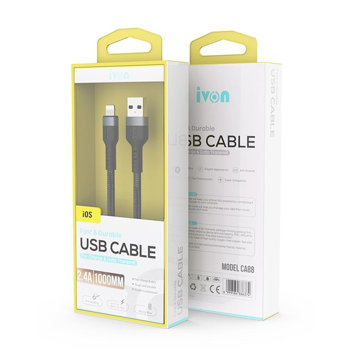 IVON CA88 12W 2.4A USB to Micro USB Nylon Braid Fast Charge Data Cable, Cable Length: 1m (Black)