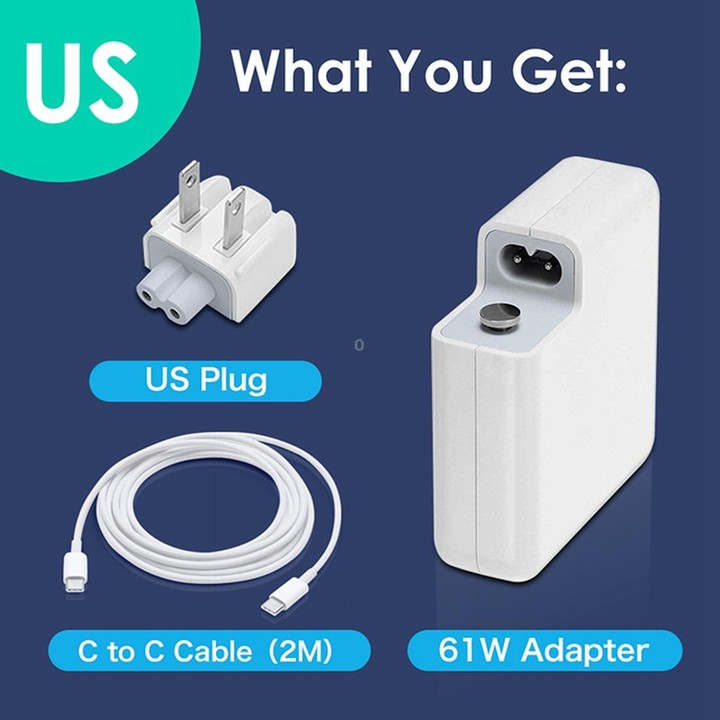 61W USB-C / Type-C Power Adapter with 2m USB Type-C Male to USB Type-C Male Charging Cable, For iPhone, Galaxy, Huawei, Xiaomi,