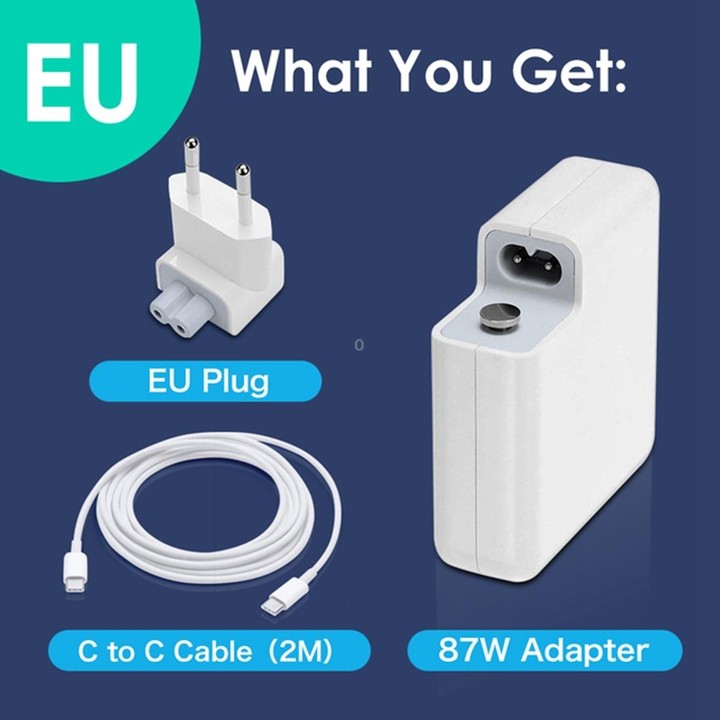 87W USB-C / Type-C Power Adapter with 2m USB Type-C Male to USB Type-C Male Charging Cable, For iPhone, Galaxy, Huawei, Xiaomi,