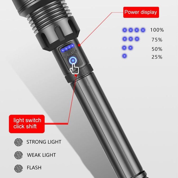 Long Style Micro USB Charging Outdoor Waterproof P90 + COB LED Flashlight, Support Power Display & Telescopic Focusing & 7-level