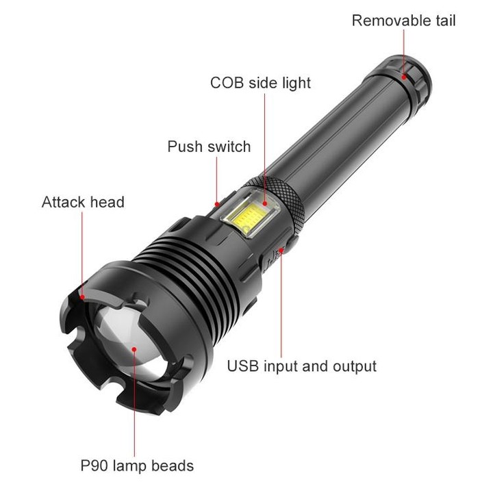 Long Style Micro USB Charging Outdoor Waterproof P90 + COB LED Flashlight, Support Power Display & Telescopic Focusing & 7-level