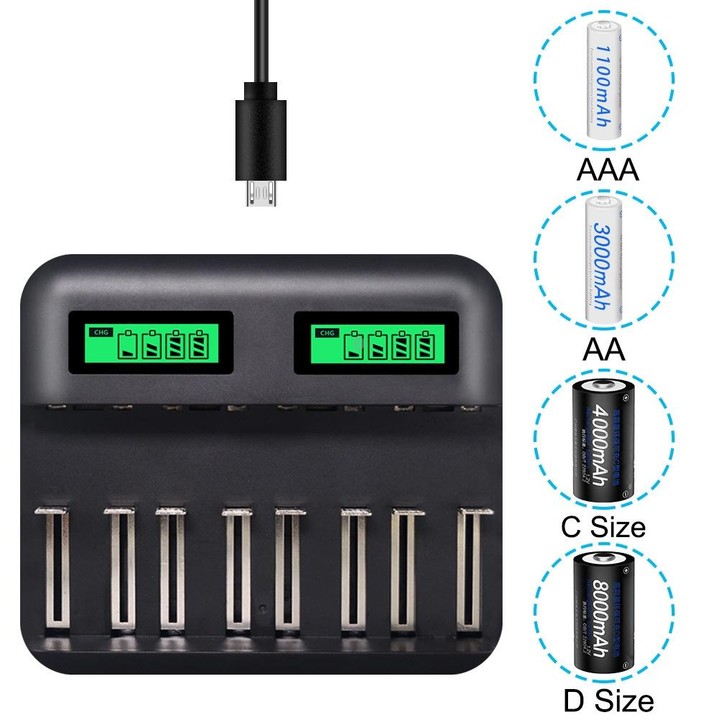5V 2A USB 8 Slot Battery Charger for AA & AAA & C / D Battery, with LCD Display