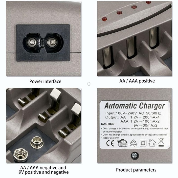 AC 100-240V 4 Slot Battery Charger for AA & AAA & 9V Ni-MH Battery, EU Plug