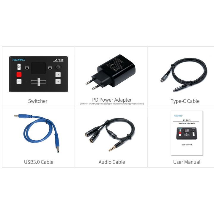 FEELWORLD L1 PLUS Multi-camera Video Mixer Switcher Touch Screen PTZ Control USB3.0 Fast Streaming Switcher (US Plug)