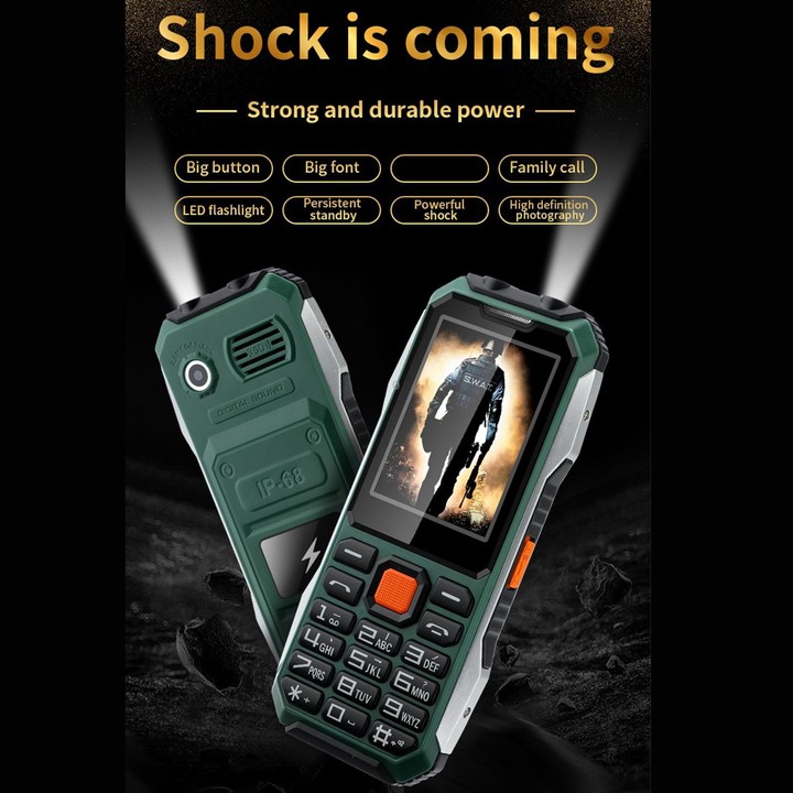 A6 Triple Proofing Elder Phone, Waterproof Shockproof Dustproof, 6800mAh Battery, 2.4 inch, 21 Keys, Bluetooth, LED Flashlight,