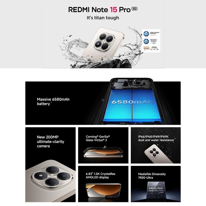 [HK Warehouse] Xiaomi Redmi Note 15 Pro 5G Global, 12GB+256GB, In-screen Fingerprint, 6.83 inch Xiaomi HyperOS 2 MediaTek Dimens
