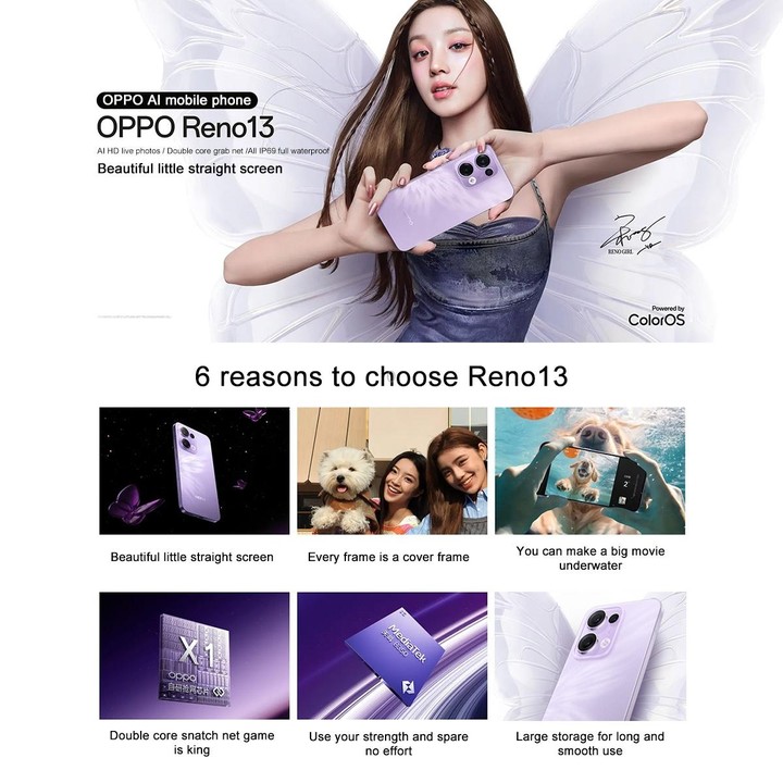 OPPO Reno13 AI Phone, 12GB+512GB, Screen Fingerprint, 6.59 inch ColorOS 15.0 Dimensity 8350 Octa Core, NFC, OTG, Network: 5G (Pu