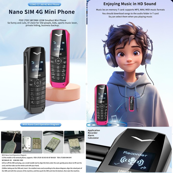 LONG-CZ J60 4G Mini Phone, 1.77 inch Unisoc T107, 21 Keys, Network: 4G, Single SIM(Rose Red)