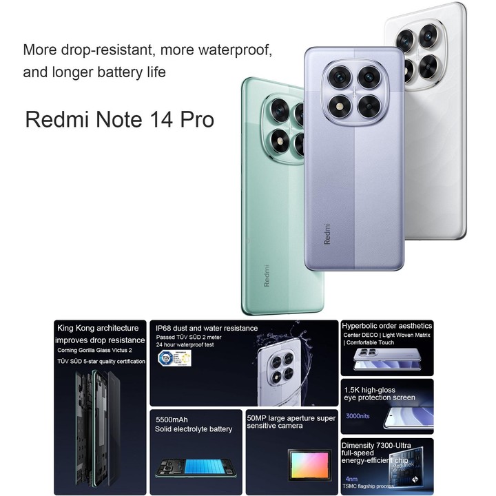 Xiaomi Redmi Note 14 Pro, 8GB+128GB, 6.67 inch Xiaomi HyperOS Mediatek Dimensity 7300-Ultra Octa Core, NFC, Network: 5G (Green)