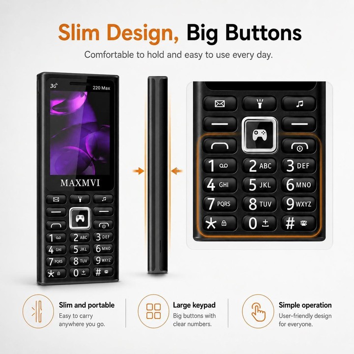 220 Max 3G Key Phone, 3600mAh Battery, 2.4 inch, SOS, 24 Keys, Dual SIM, Network: 3G, Support Whatsapp, Facebook (Black)