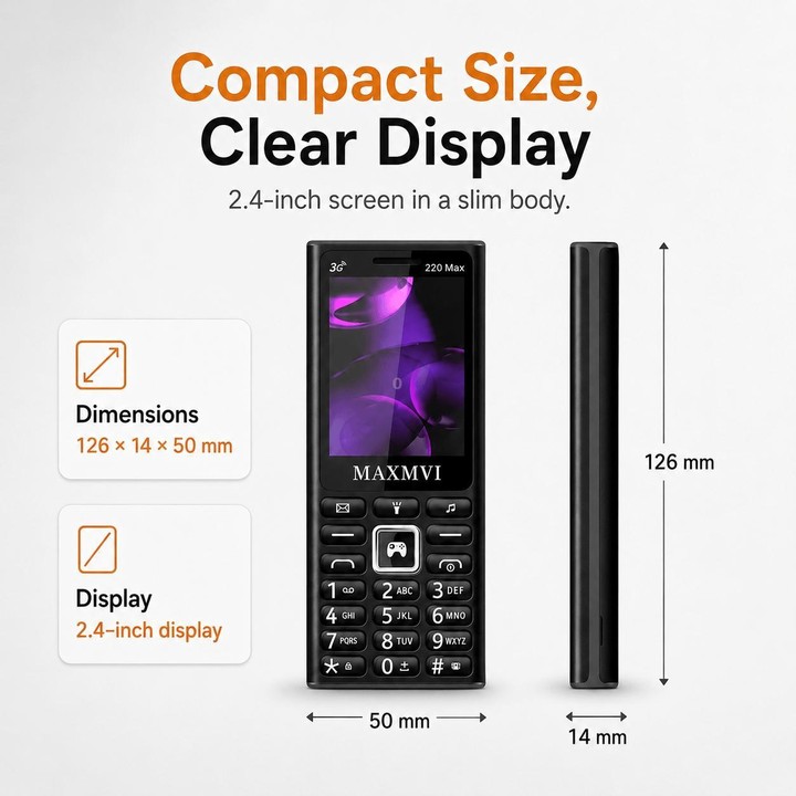 220 Max 3G Key Phone, 3600mAh Battery, 2.4 inch, SOS, 24 Keys, Dual SIM, Network: 3G, Support Whatsapp, Facebook (Sky Blue)