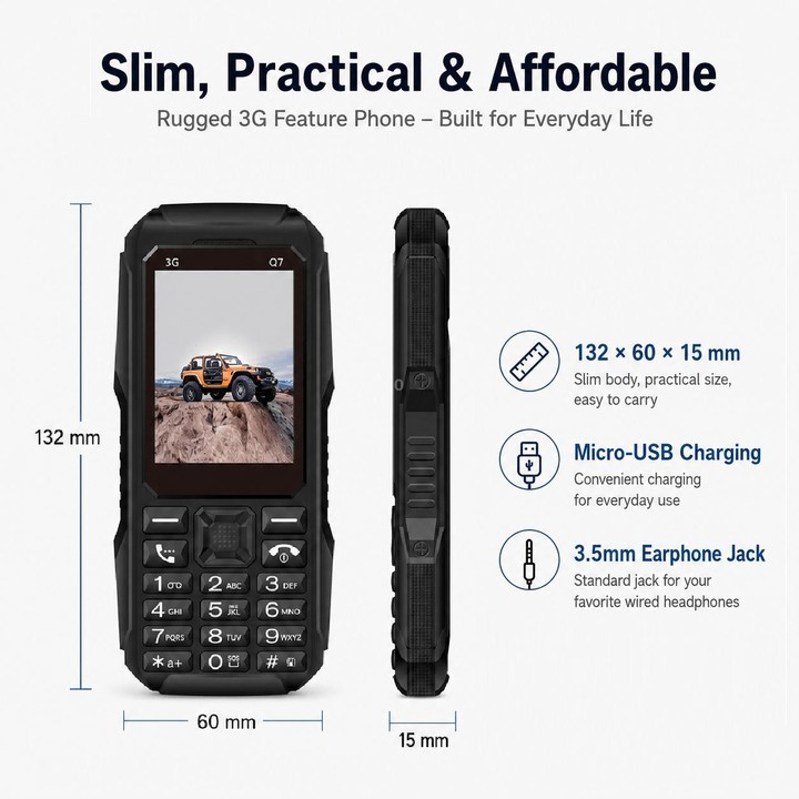 Q7 3G Key Phone, 3600mAh Battery, 2.4 inch, SOS, 21 Keys, Dual SIM, Network: 3G, Support Whatsapp, Facebook (Black)