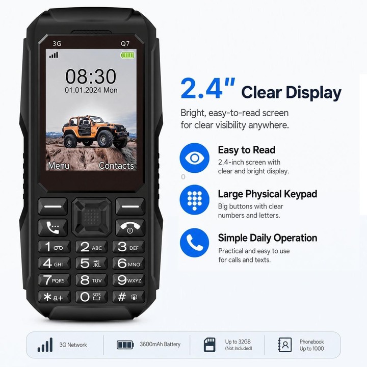 Q7 3G Key Phone, 3600mAh Battery, 2.4 inch, SOS, 21 Keys, Dual SIM, Network: 3G, Support Whatsapp, Facebook (Black)