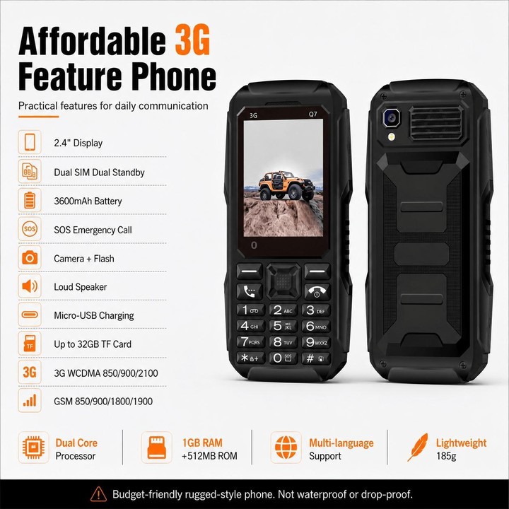 Q7 3G Key Phone, 3600mAh Battery, 2.4 inch, SOS, 21 Keys, Dual SIM, Network: 3G, Support Whatsapp, Facebook (Green)