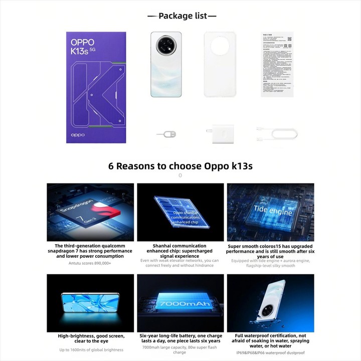 OPPO K13s 5G, 8GB+256GB, Screen Fingerprint, 6.8 inch ColorOS 15.0 Android 15 Snapdragon 7 Gen 3 Octa Core, NFC, Network: 5G (Wh