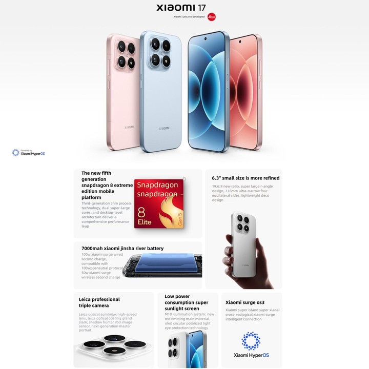 Xiaomi 17, 16GB+512GB, 3D Ultrasonic Fingerprint, 6.3 inch Xiaomi HyperOS 3 Snapdragon 8 Elite Gen 5 Octa Core, NFC, Network: 5G