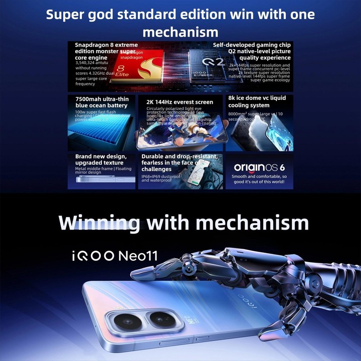 vivo iQOO Neo11, 16GB+256GB, Face ID / Screen Fingerprint Identification, 6.82 inch Android 16 OriginOS 6 Snapdragon 8 Elite Oct