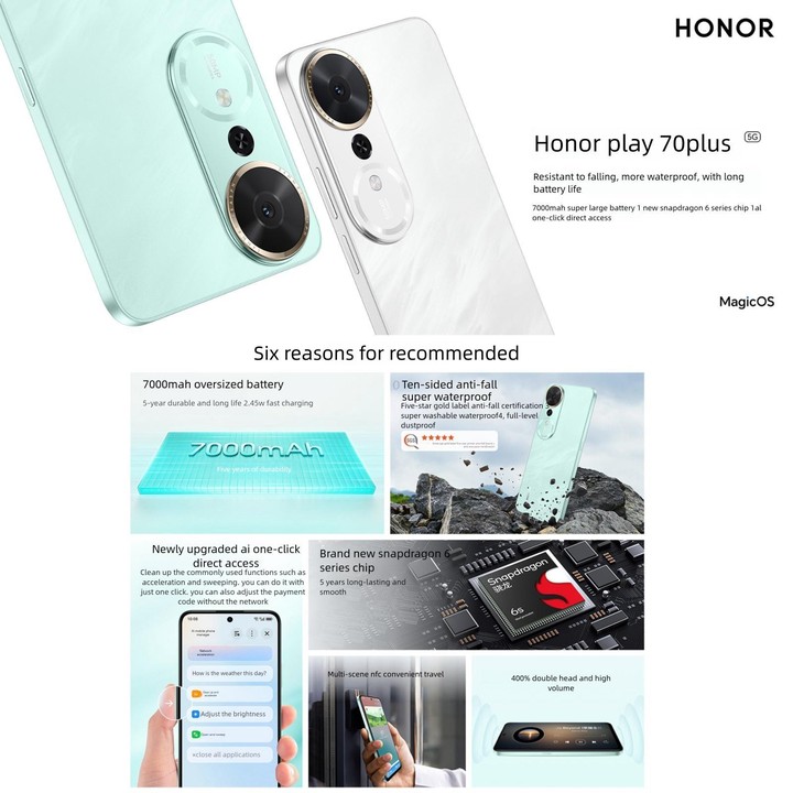 Honor Play 70 Plus, 12GB+512GB, Side Fingerprint, 6.77 inch MagicOS 9.0 Snapdragon 6s Gen 3 Octa Core, Network: 5G, NFC, OTG, No