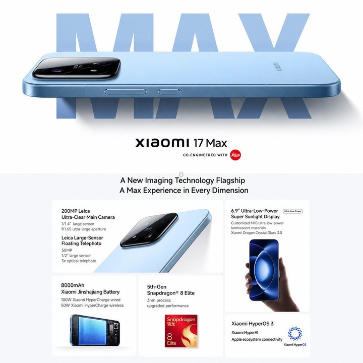 Xiaomi 17 Max, 12GB+512GB, 3D Ultrasonic Fingerprint, 6.9 inch Xiaomi HyperOS 3 Snapdragon 8 Elite Gen 5 Octa Core, NFC, Network