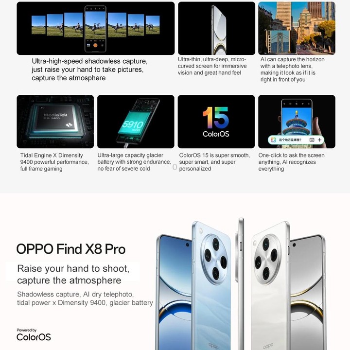 OPPO Find X8 Pro AI Phone, 12GB+256GB, Screen Fingerprint, 6.78 inch ColorOS 15 Dimensity 9400 Octa Core up to 3.626GHz, NFC, OT