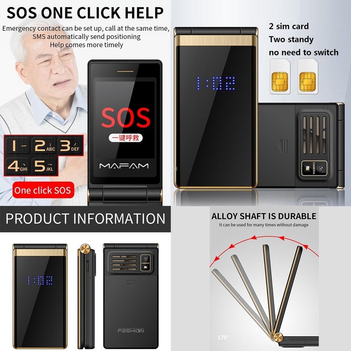 Mafam F120 Flip Phone, 2.4 inch, 5800mAh Battery, Support FM, SOS, External Time Display, GSM, Family Number, Big Keys, Dual SIM
