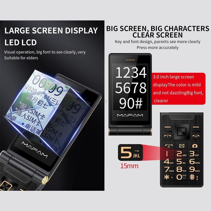 Mafam F120 Flip Phone, 2.4 inch, 5800mAh Battery, Support FM, SOS, External Time Display, GSM, Family Number, Big Keys, Dual SIM