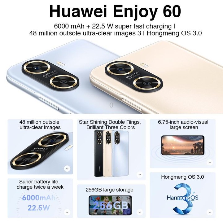 Huawei Enjoy 60 256GB MGA-AL40, 48MP Cameras, China Version, Dual Back Cameras, Face ID & Side Fingerprint Identification, 6000m