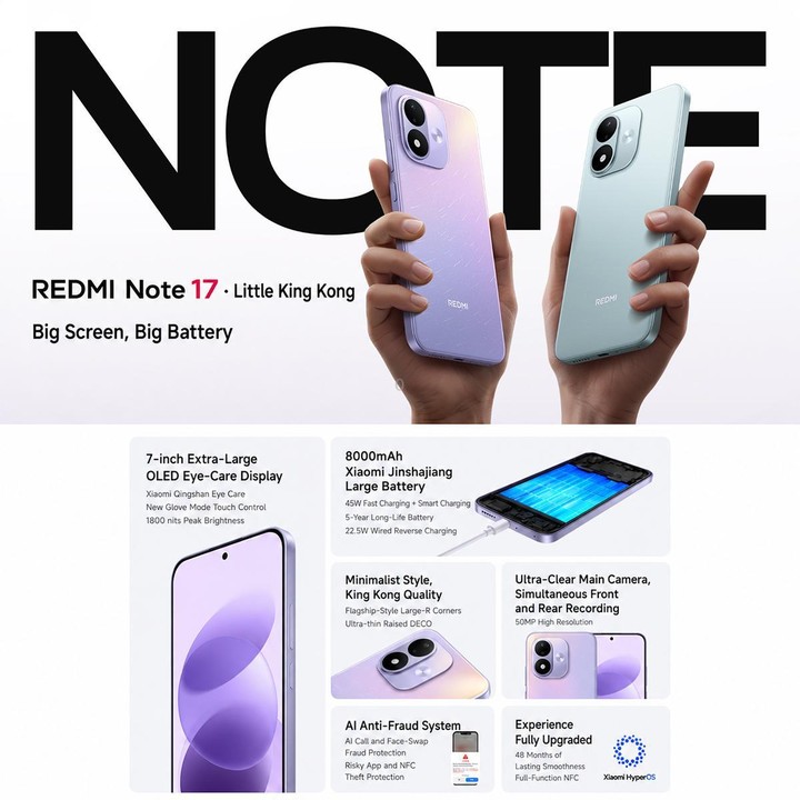 Xiaomi REDMI Note 17 5G, 8GB+128GB, 7 inch Xiaomi HyperOS 3 Snapdragon 4 Gen 4 Octa Core, NFC, Network: 5G (Cyan)