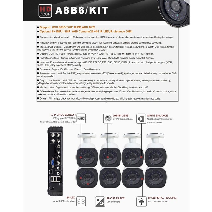 A8B6 8Ch Bullet IP Camera NVR Kit, Support Night Vision / Motion Detection, IR Distance: 15m