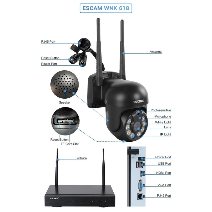 ESCAM WNK618 3.0 Million Pixels 8-channel Wireless Dome Camera HD NVR Security System, Support Motion Detection & Two-way Audio