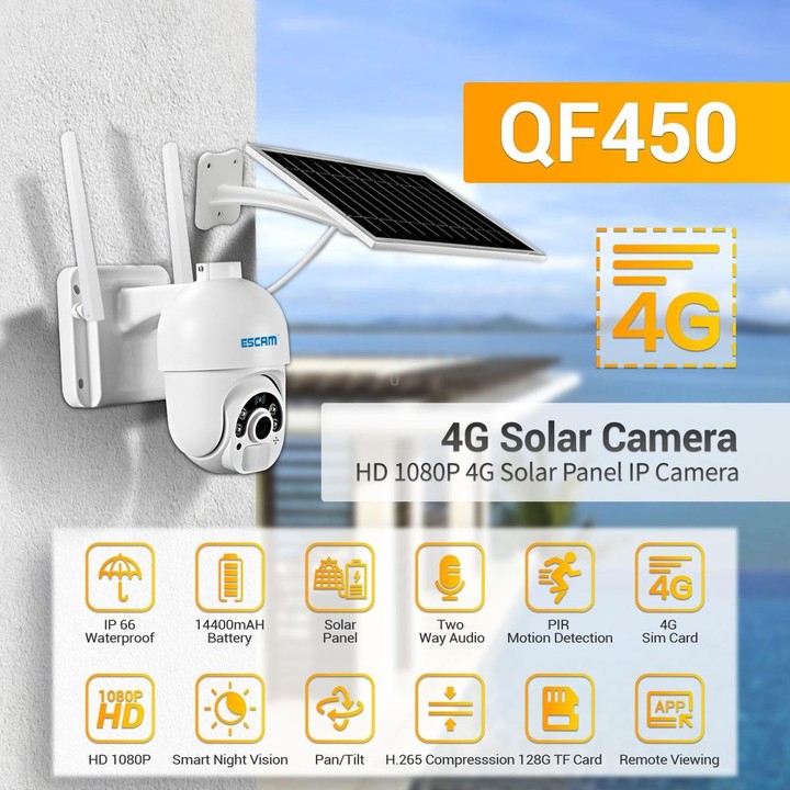 ESCAM QF450 HD 1080P 4G AU Version Solar Powered IP Camera with 128G Memory, Support Two-way Audio & PIR Motion Detection & Nigh