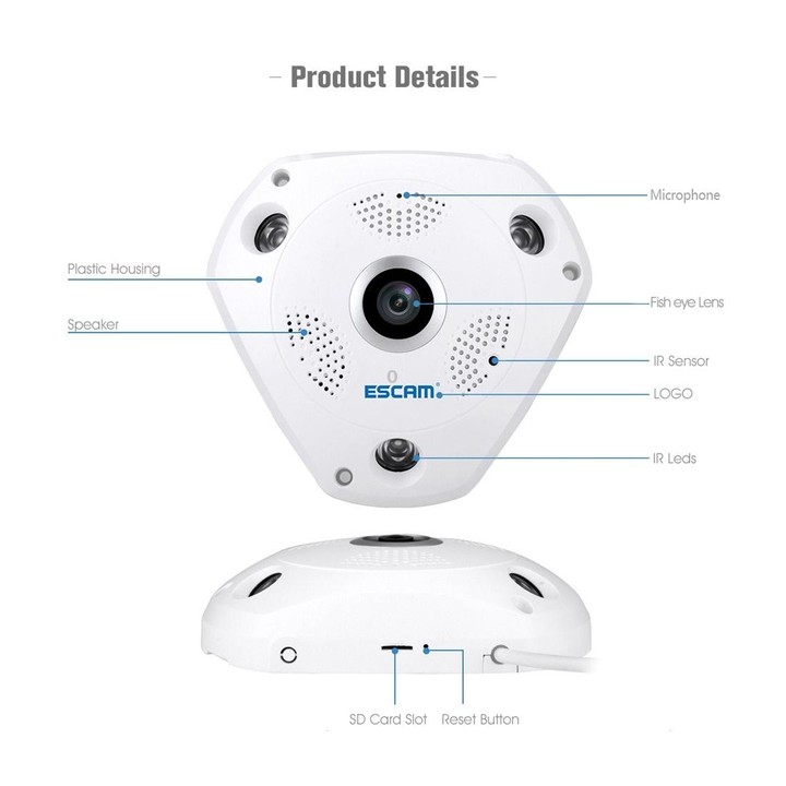 ESCAM Shark QP180 960P 360 Degrees Fisheye Lens 1.3MP WiFi IP Camera, Support Motion Detection / Night Vision, IR Distance: 10m