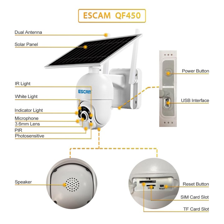 ESCAM QF450 HD 1080P 4G US Version Solar Powered IP Camera with 64G Memory, Support Two-way Audio & PIR Motion Detection & Night