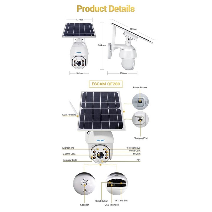 ESCAM QF280 HD 1080P IP66 Waterproof WiFi Solar Panel PT IP Camera with Battery, Support Night Vision / Motion Detection / TF Ca